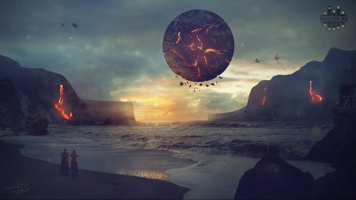 Dmitry Bogolyubov's fantasy art of a planet over a beach