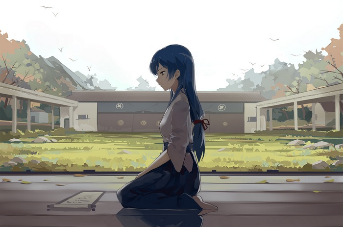 Sonoda Umi from Love Live! kneeling in a courtyard