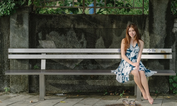 women, bench, women outdoors, sitting, legs, Asian, barefoot