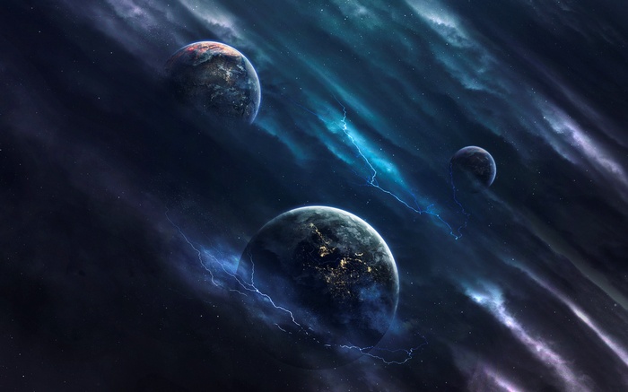 Digital art of planets and lightning in space