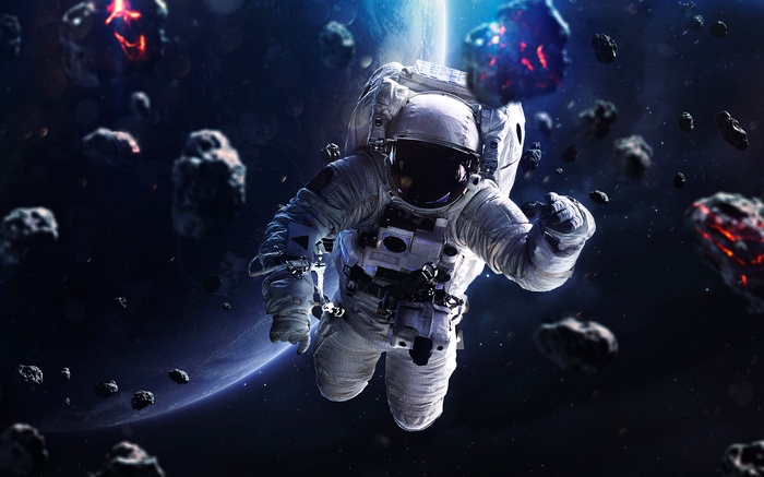 Astronaut floating in space among asteroids