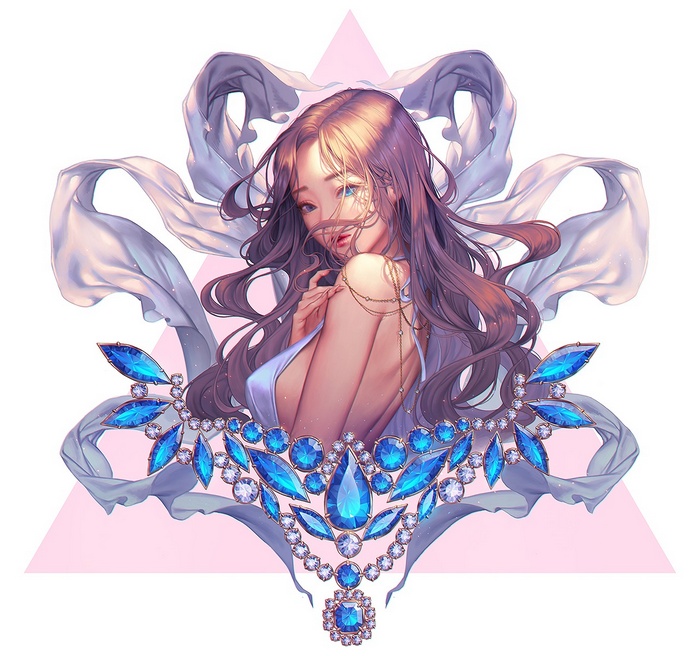 Woman with blue eyes and flowing fabric
