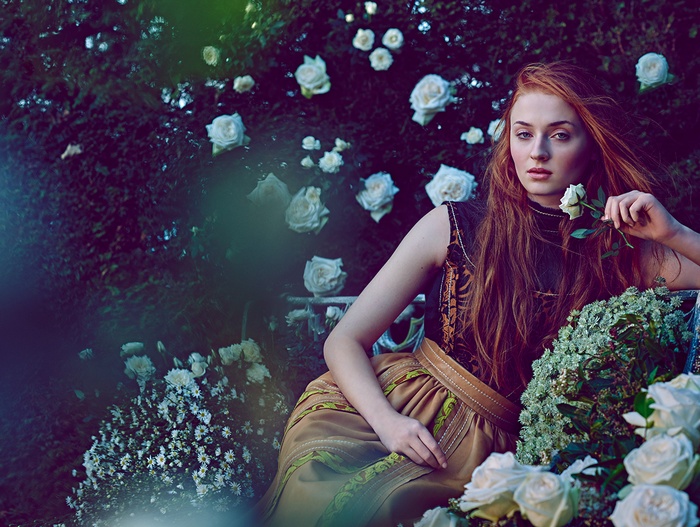 Sophie Turner holding a white rose