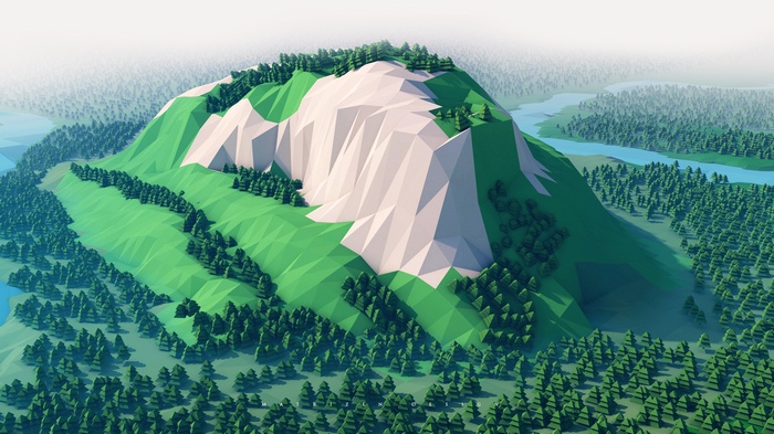 Low poly mountain landscape with forest and river
