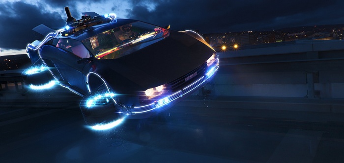 Futuristic DeLorean flying at night