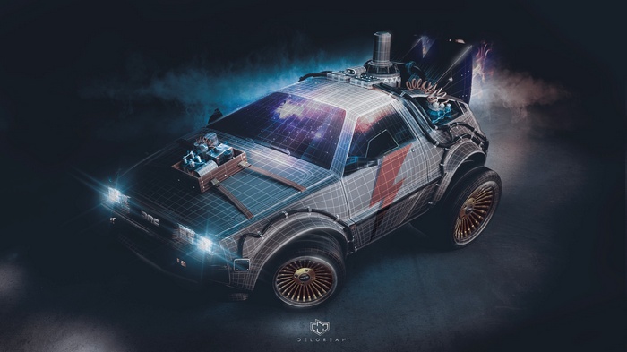 3D wireframe render of a DeLorean time machine