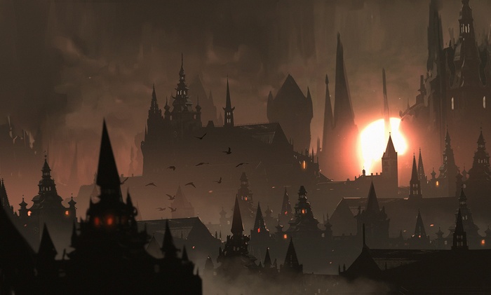 Dark fantasy cityscape at sunset with birds