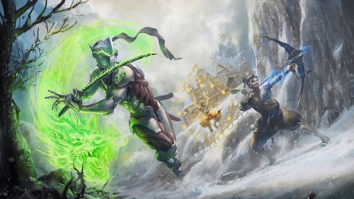 Genji, Hanzo, and Zenyatta from Overwatch in battle