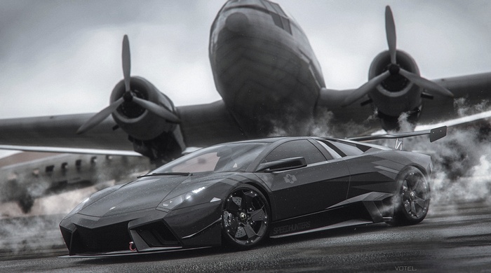 Black Lamborghini Reventon and airplane
