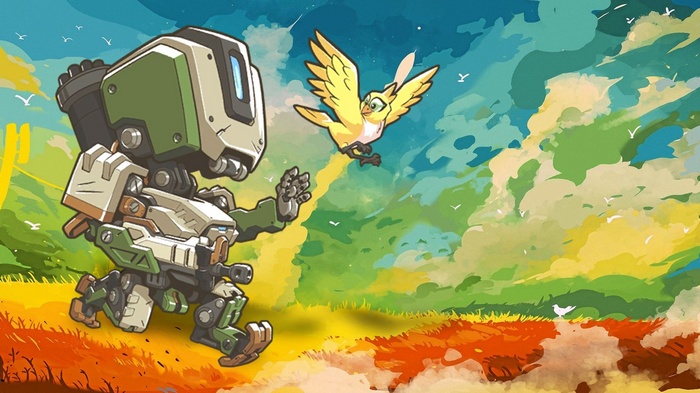 Bastion from Overwatch with a bird