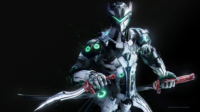 Genji from Overwatch holding katanas