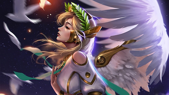 Mercy from Overwatch with white wings and laurel wreath