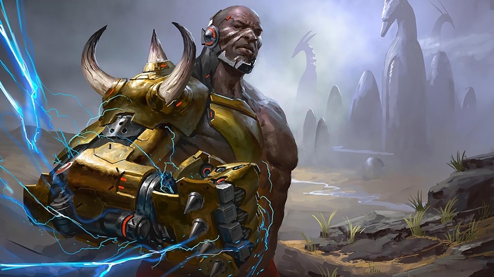 Doomfist from Overwatch in a mystical landscape