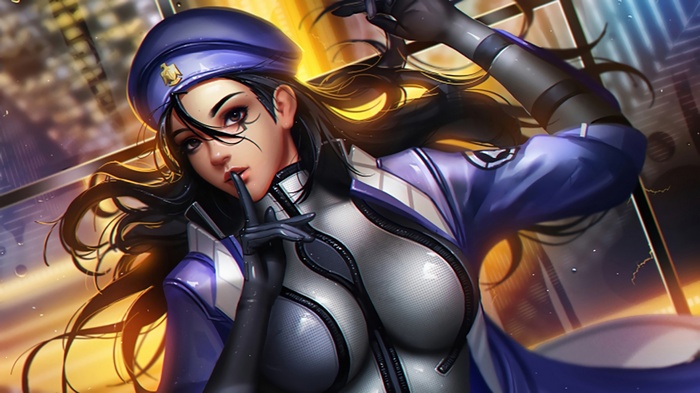 Ana from Overwatch in a blue uniform