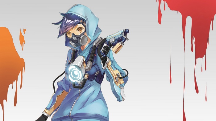 Tracer from Overwatch with gas mask and gun