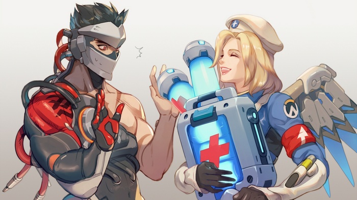 Mercy (Overwatch), video games, Combat Medic Ziegler, Overwatch, Genji (Overwatch), digital art