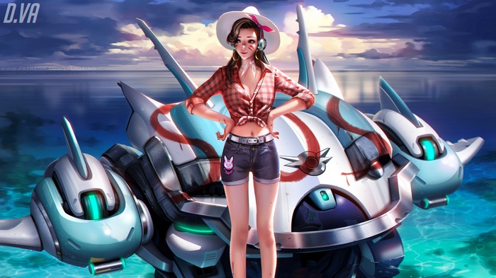 D.Va from Overwatch on a beach with her mech