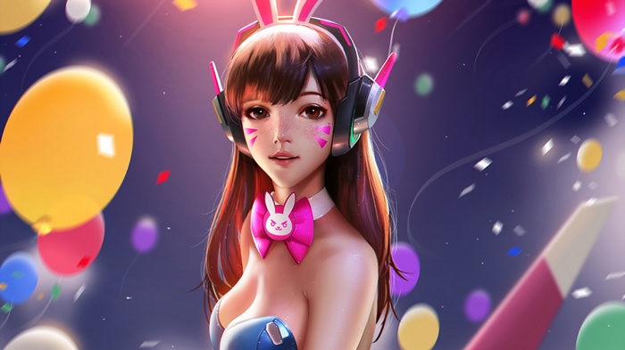 D.Va from Overwatch in bunny costume with balloons