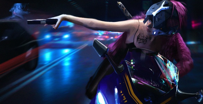 Woman with pink hair on a motorcycle firing a pistol