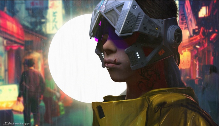 Woman with futuristic visor and tattoos in a neon city
