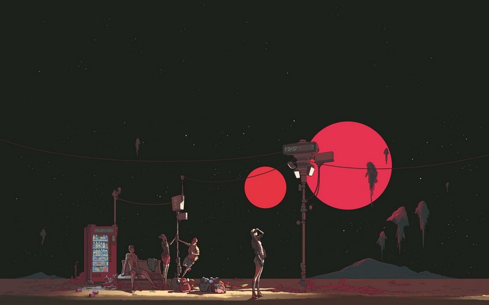 Teens by vending machine under red moons