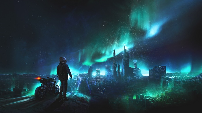 Man with motorcycle overlooking futuristic city under aurora borealis