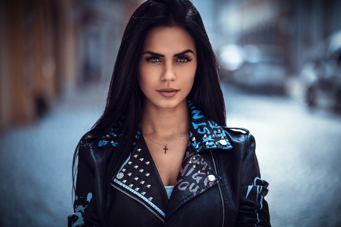 women, portrait, necklace, leather jackets, depth of field, Marlen Valderrama Alvaréz