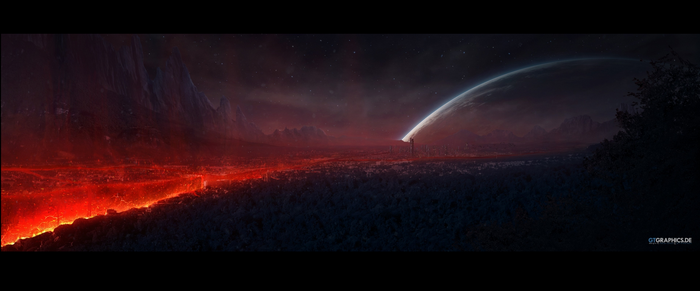Alien landscape with lava and a distant planet