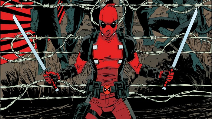 Deadpool from Marvel Comics with swords and barbed wire