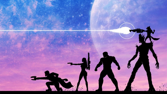 Guardians of the Galaxy silhouettes firing weapons