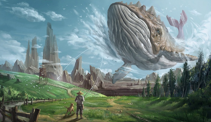 whale, artwork, fishing rod, fantasy art, leviathan