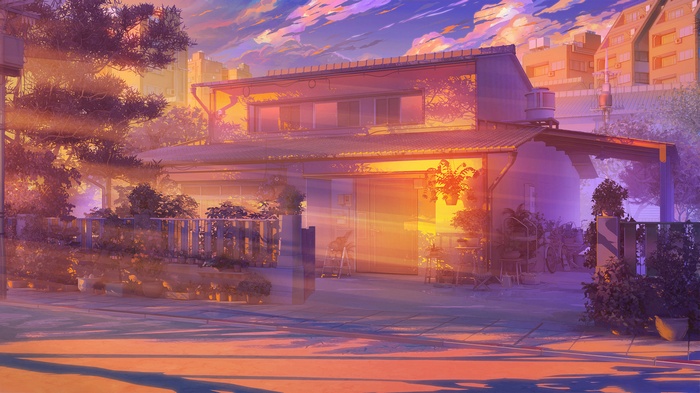 Anime house with sun rays at sunset