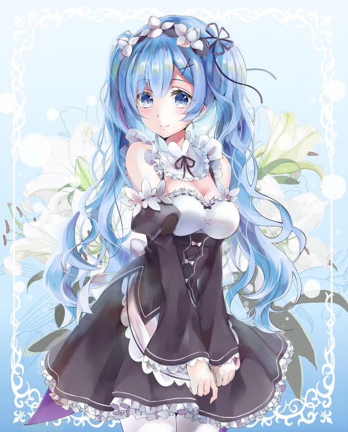 white  background, Re:Zero Kara Hajimeru Isekai Seikatsu, cleavage, Rem (Re: Zero), maid