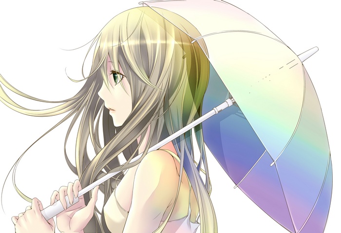 Anime girl with long hair holding a colorful umbrella