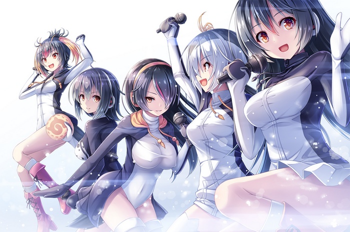 Five anthropomorphic penguins with microphones