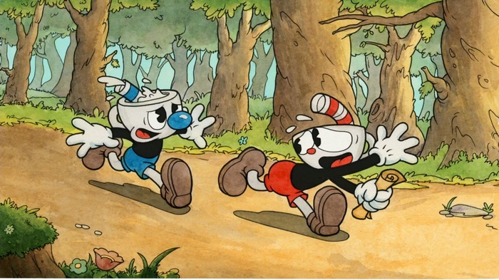 Cuphead and Mugman running in a forest