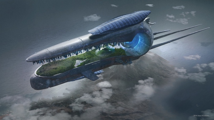 Futuristic city-ship flying over mountains