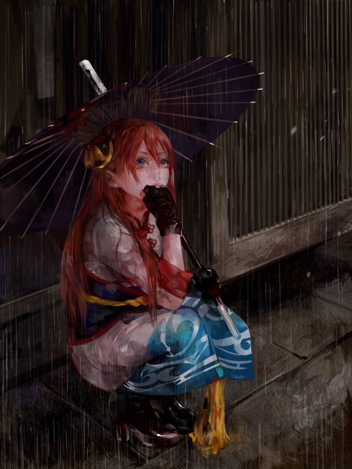 Kagura from Gintama in the rain with umbrella