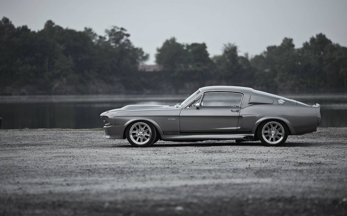 Gray Ford Shelby GT500 'Eleanor' parked by a lake