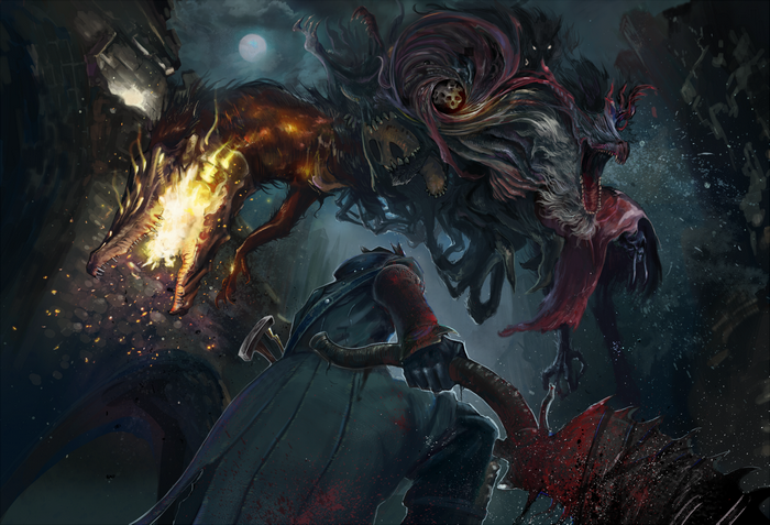Artwork of a hunter fighting monsters from Bloodborne