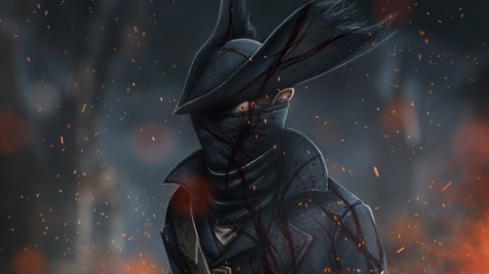Hunter from Bloodborne with blood splatters