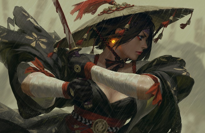 Samurai warrior woman with sword in the rain