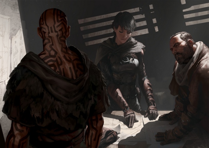 Three warriors gathered around a table with maps