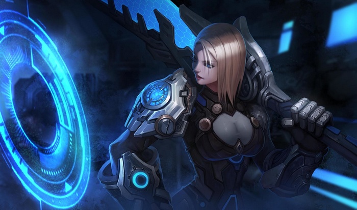Female warrior with futuristic armor and weapon