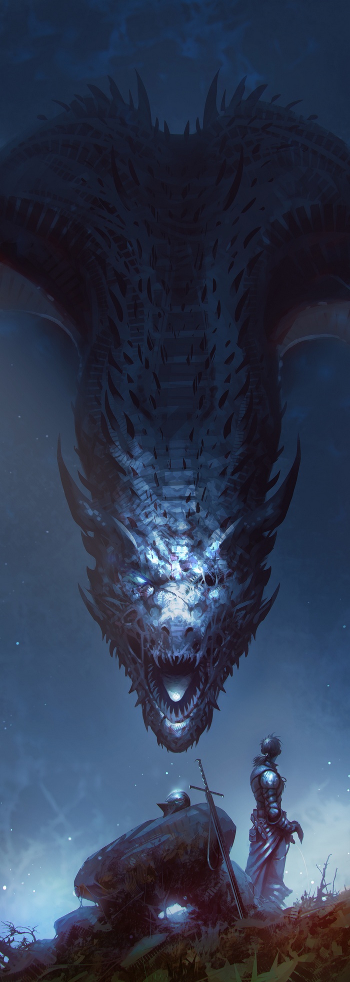 Knight facing a large dragon in a dark fantasy setting