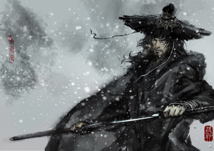 Fantasy warrior with sword in snow