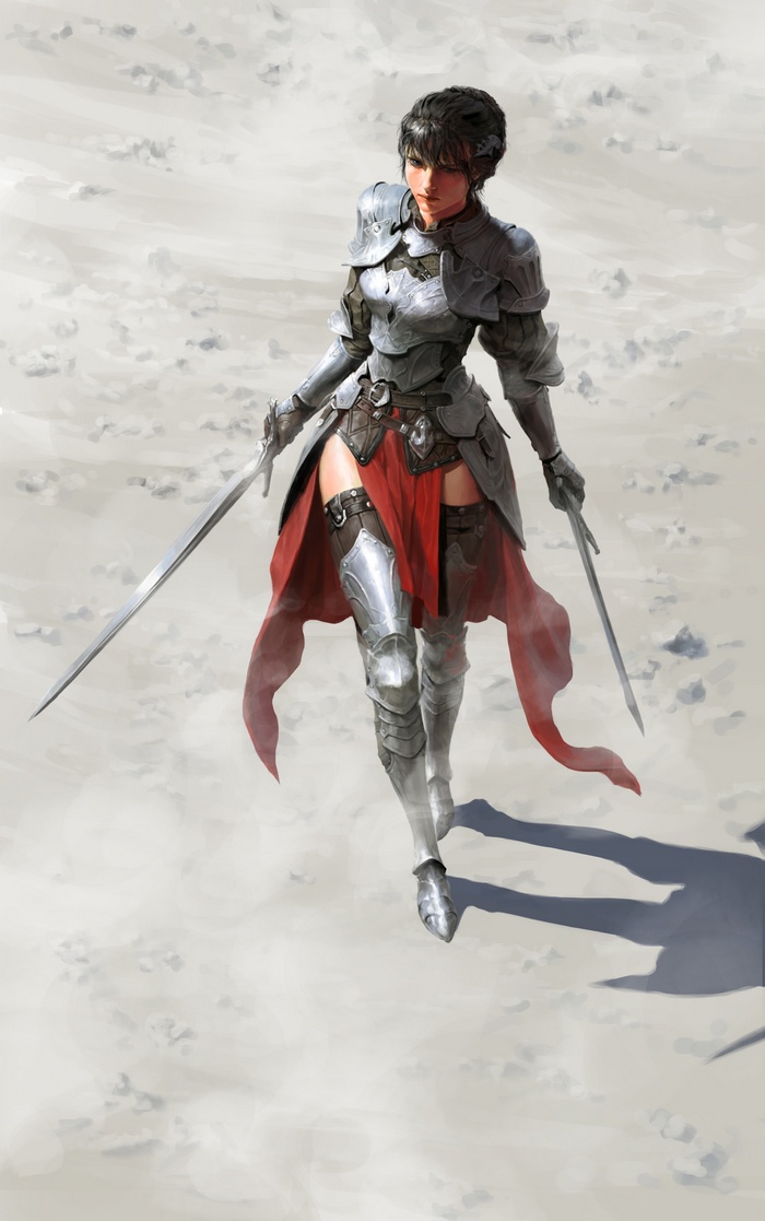 Fantasy warrior woman in armor holding swords