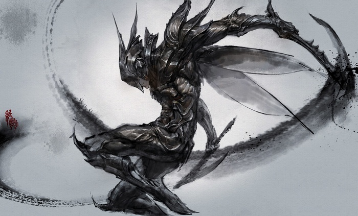 Warrior with swords and wings in dark armor