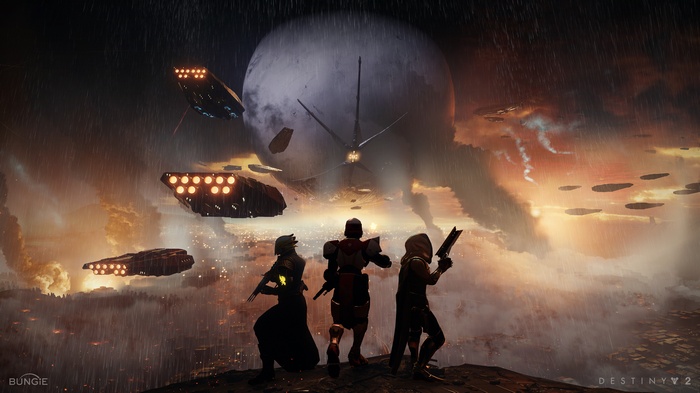 Destiny 2 Guardians facing a large moon and alien ships
