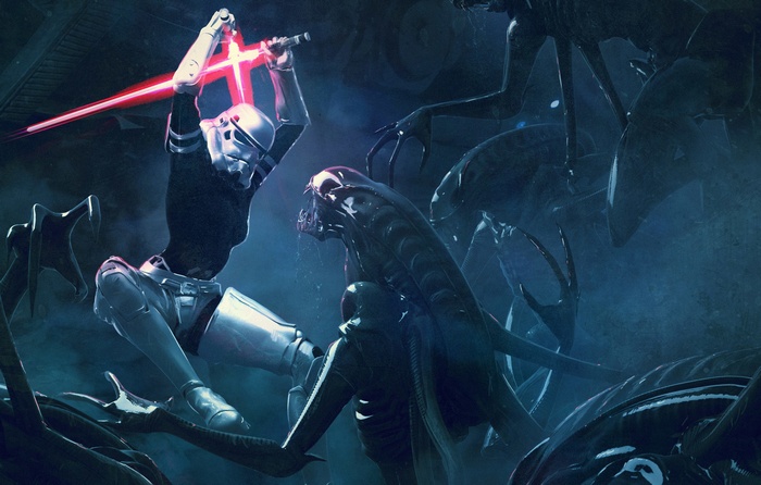 Stormtrooper with lightsaber fighting Xenomorphs
